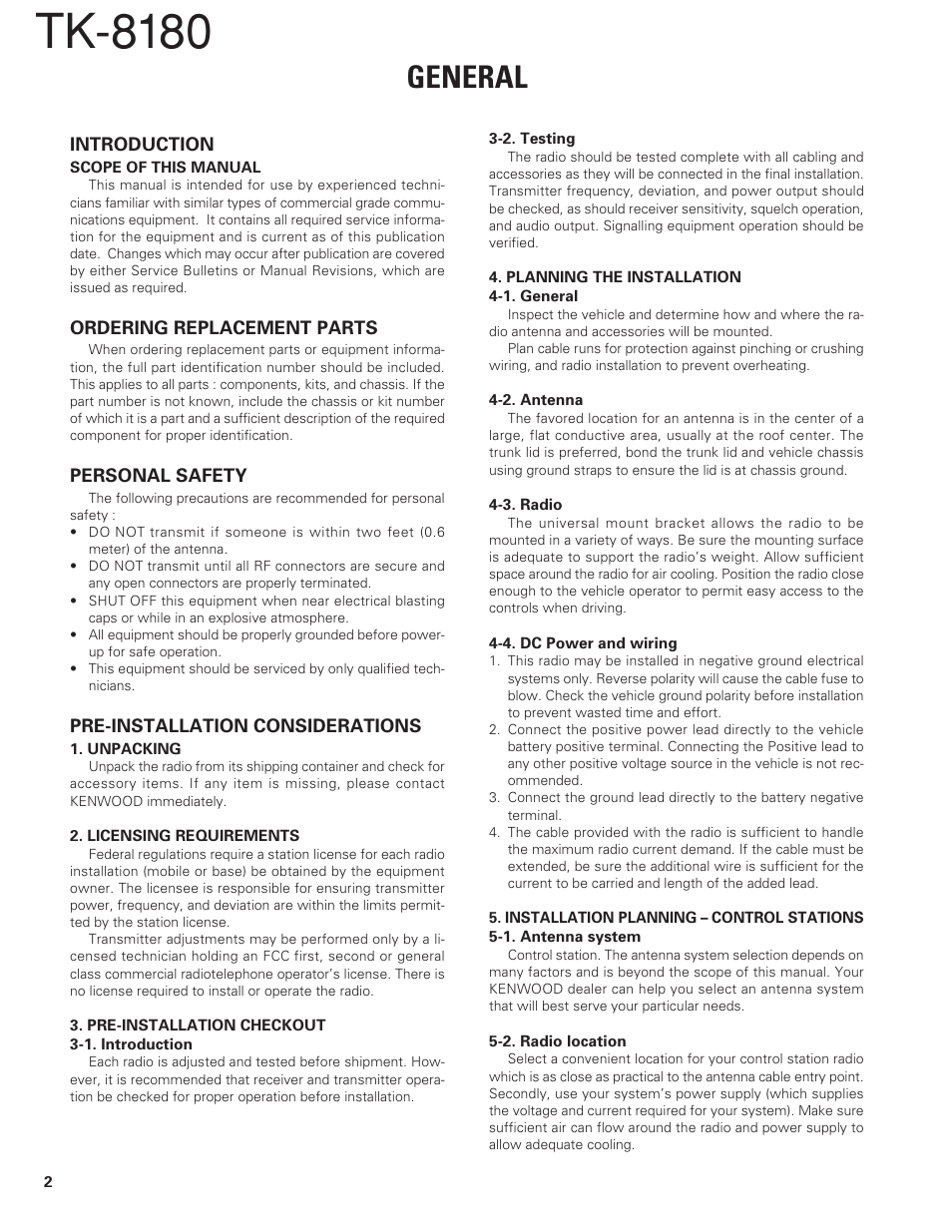 General, Introduction, Ordering replacement parts | Personal safety, Pre-installation considerations, Tk-8180 | Kenwood TK-8180 User Manual | Page 2 / 85