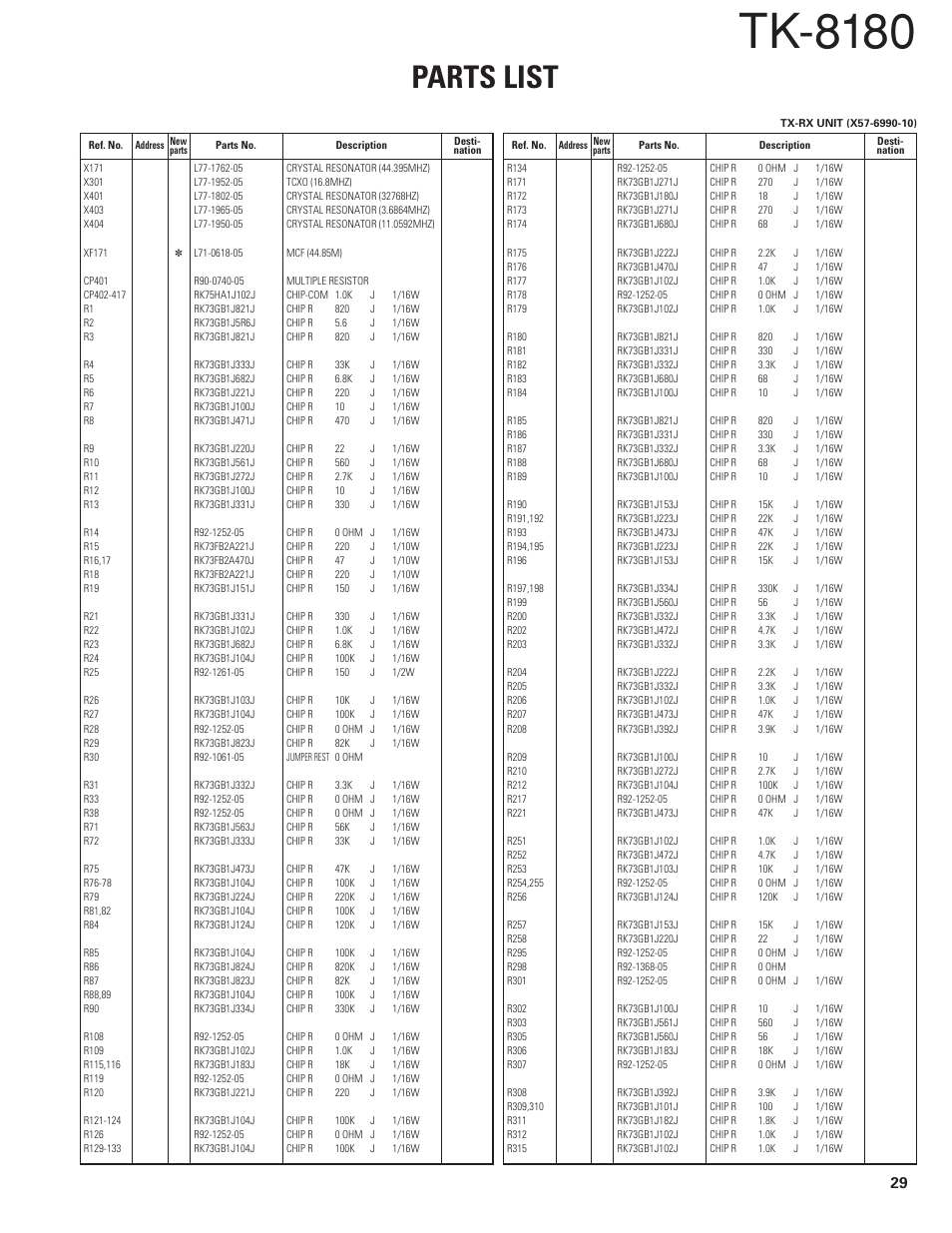 Tk-8180, Parts list | Kenwood TK-8180 User Manual | Page 29 / 85