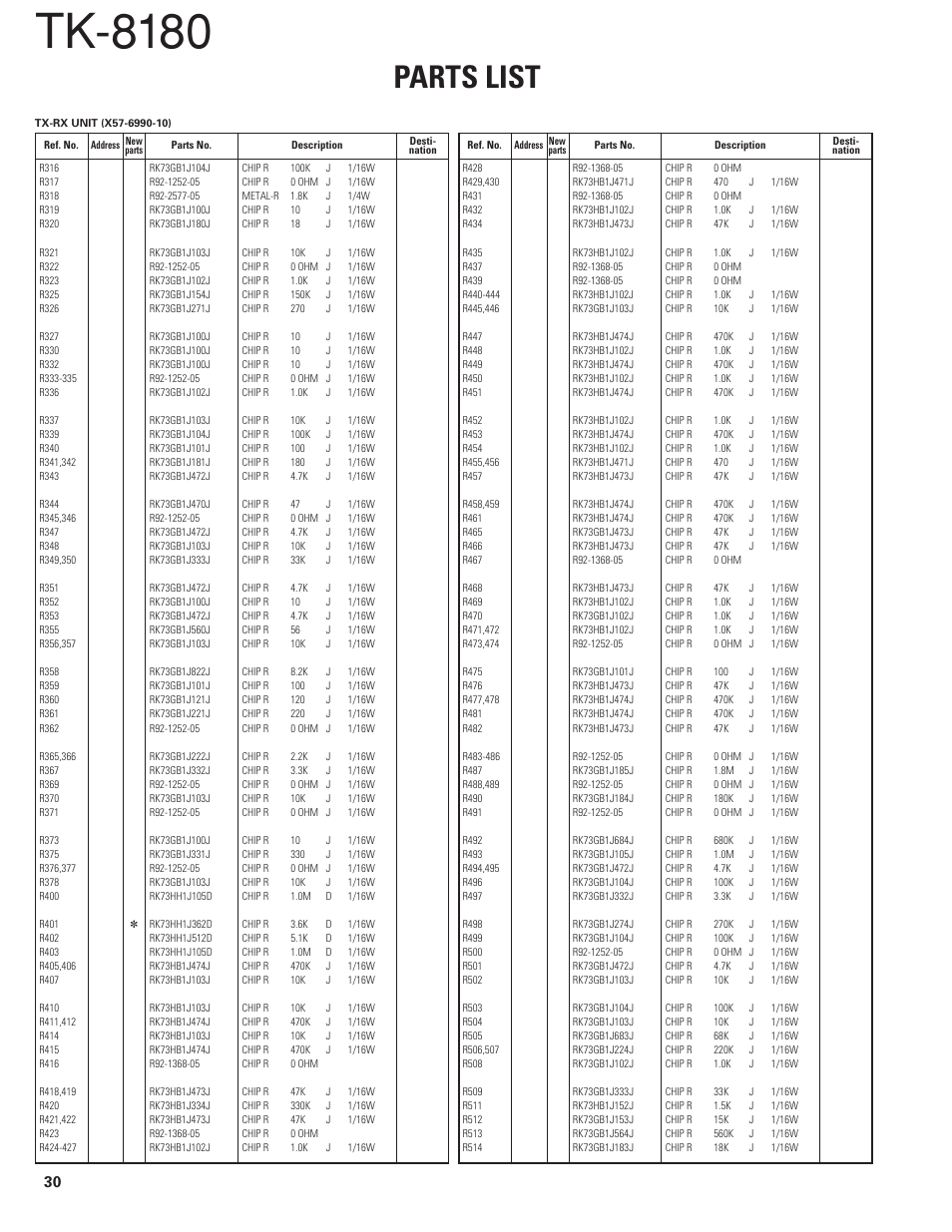 Tk-8180, Parts list | Kenwood TK-8180 User Manual | Page 30 / 85