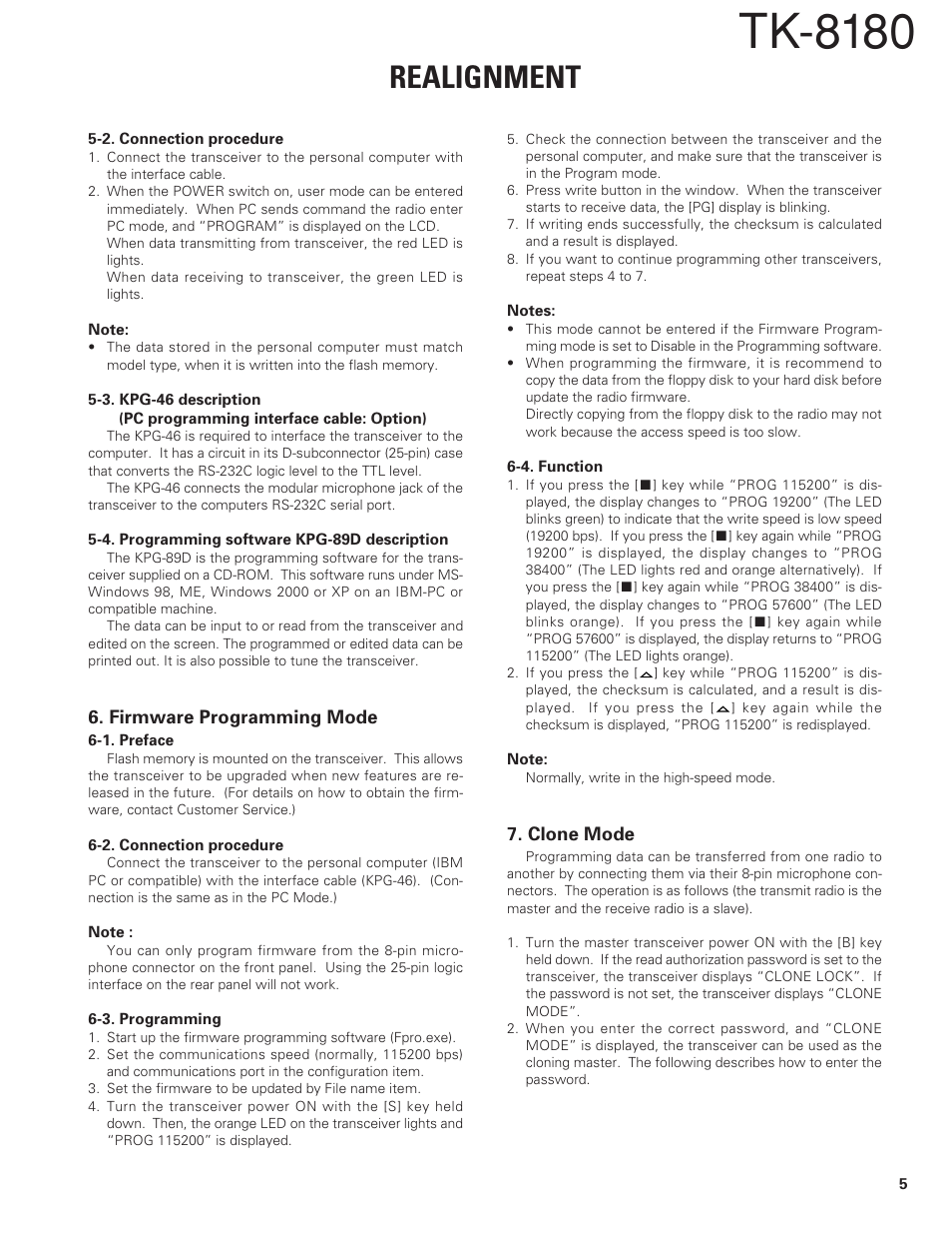 Firmware programming mode, Clone mode, Tk-8180 | Realignment | Kenwood TK-8180 User Manual | Page 5 / 85