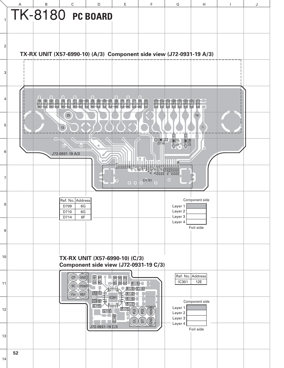 Tx-rx unit (x57-6990-10) (a/3), Component side view, Tx-rx unit (x57-6990-10) (c/3) | Tk-8180, Pc board | Kenwood TK-8180 User Manual | Page 53 / 85