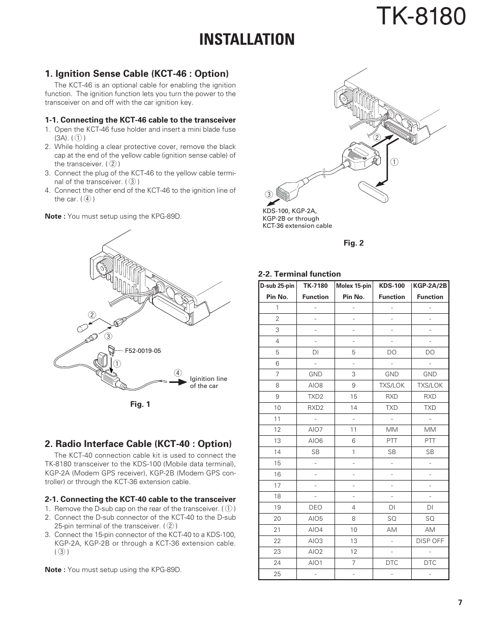 Installation, Ignition sense cable (kct-46 : option), Radio interface cable (kct-40 : option) | Tk-8180 | Kenwood TK-8180 User Manual | Page 7 / 85