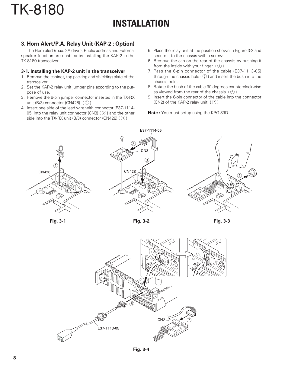 Horn alert/p.a. relay unit (kap-2 : option), Tk-8180, Installation | Kenwood TK-8180 User Manual | Page 8 / 85