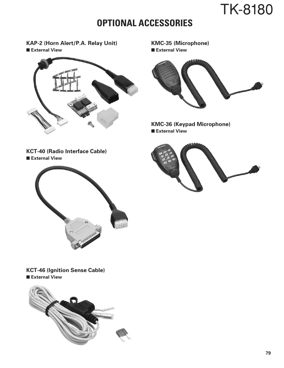 Kap-2 (horn alert/p.a. relay unit), Kct-40 (radio interface cable), Kct-46 (ignition sense cable) | Kmc-35 (microphone), Kmc-36 (keypad microphone), Tk-8180, Optional accessories | Kenwood TK-8180 User Manual | Page 84 / 85