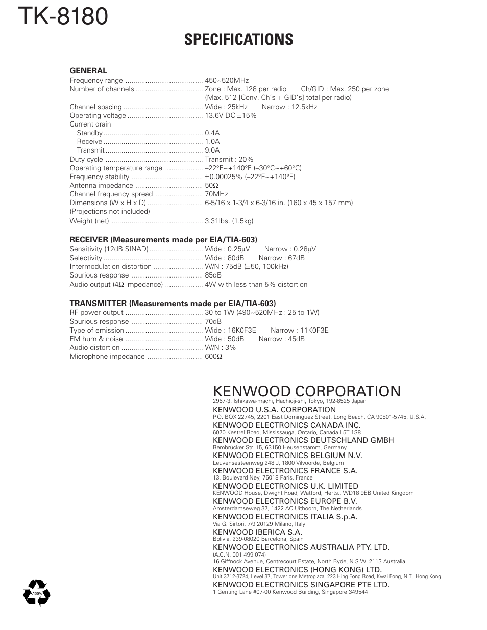 Specifications, Tk-8180, Kenwood corporation | Kenwood TK-8180 User Manual | Page 85 / 85