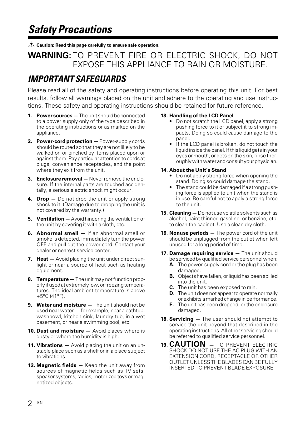 Safety precautions, Important safeguards, Caution | Kenwood KVX-5 User Manual | Page 2 / 12