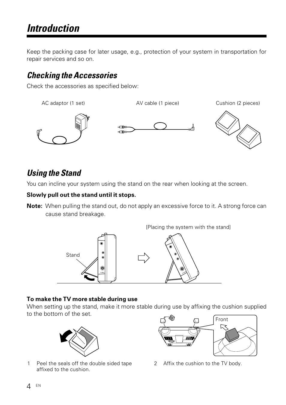 Introduction, Checking the accessories, Using the stand | Check the accessories as specified below, Av cable (1 piece), Stand front [placing the system with the stand | Kenwood KVX-5 User Manual | Page 4 / 12