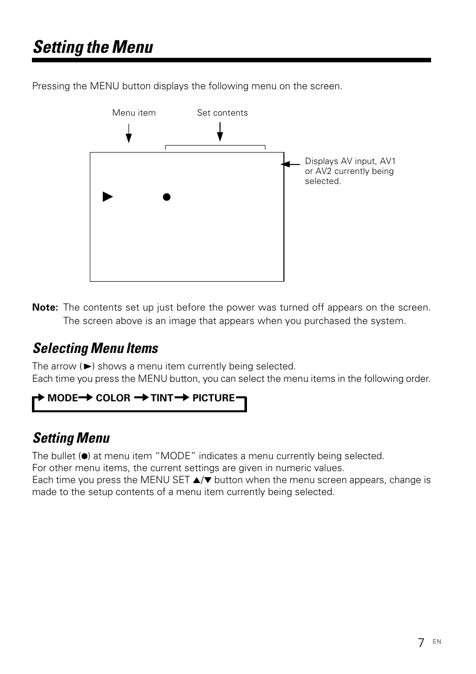 Setting the menu, Selecting menu items, Setting menu | Kenwood KVX-5 User Manual | Page 7 / 12