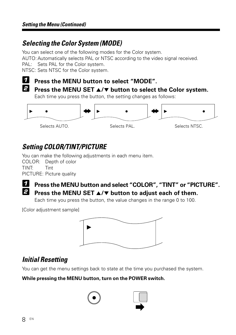 Selecting the color system (mode), Setting color/tint/picture, Initial resetting | Press the menu button to select “mode | Kenwood KVX-5 User Manual | Page 8 / 12