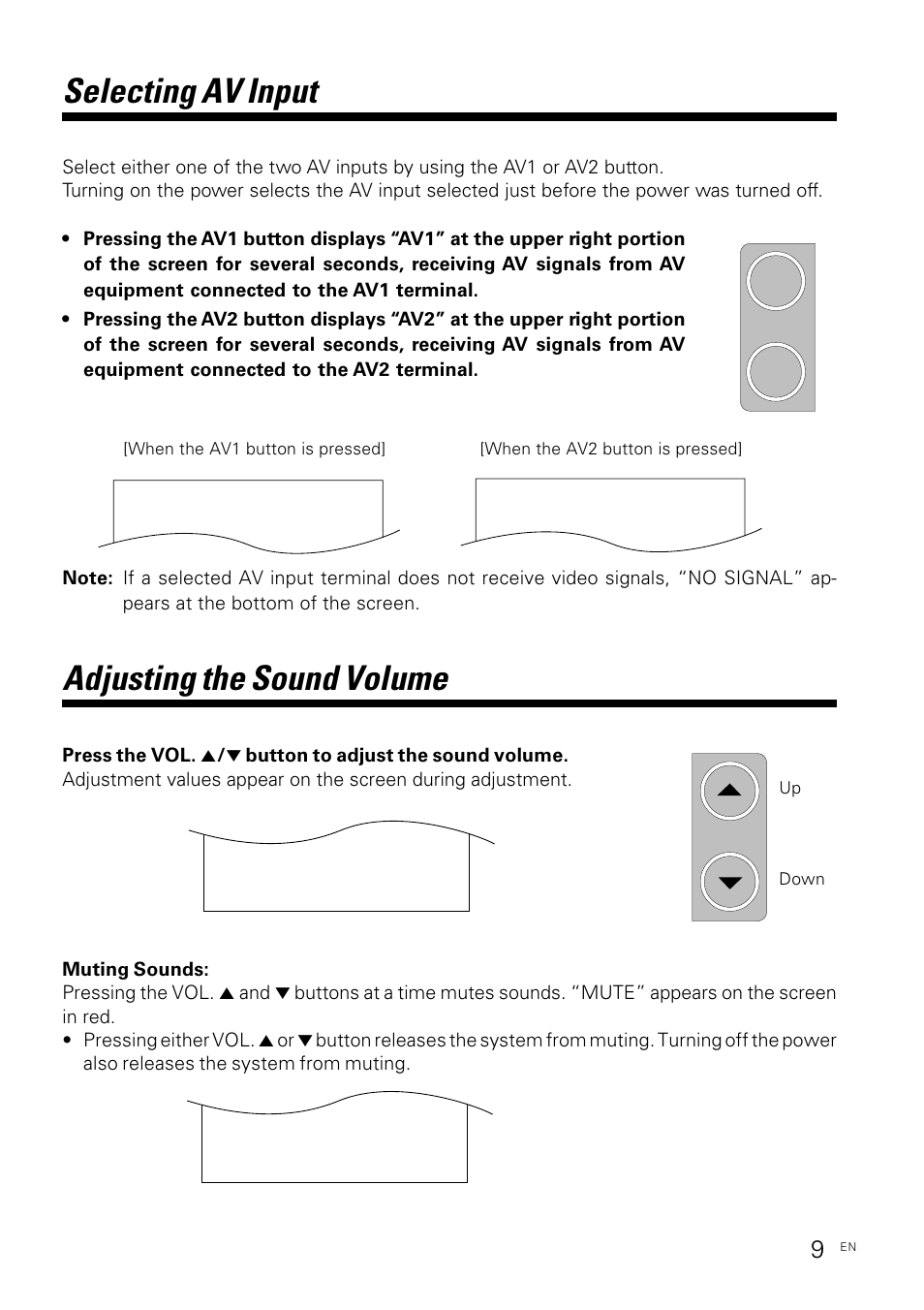 Selecting av input, Adjusting the sound volume, Av1 av2 | Kenwood KVX-5 User Manual | Page 9 / 12