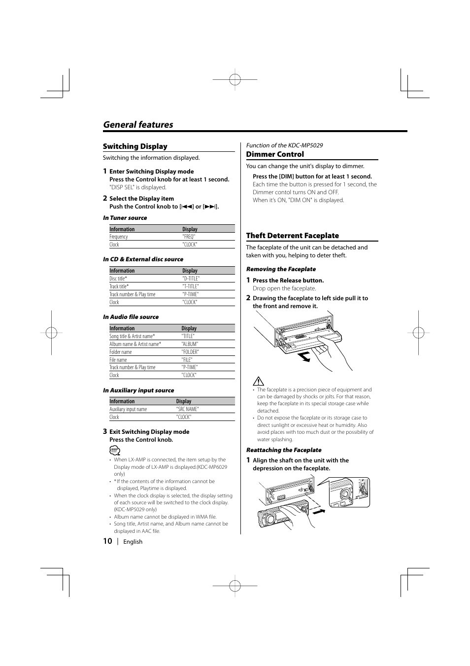 General features, Switching display, Dimmer control | Theft deterrent faceplate | Kenwood KDC-MP6029 User Manual | Page 10 / 34