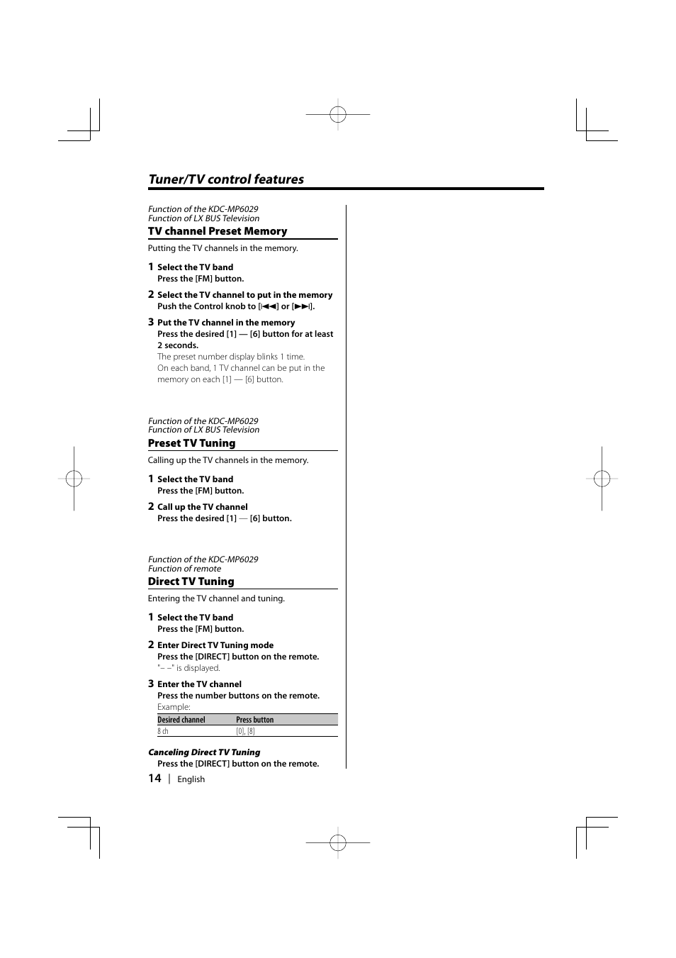 Tuner/tv control features | Kenwood KDC-MP6029 User Manual | Page 14 / 34