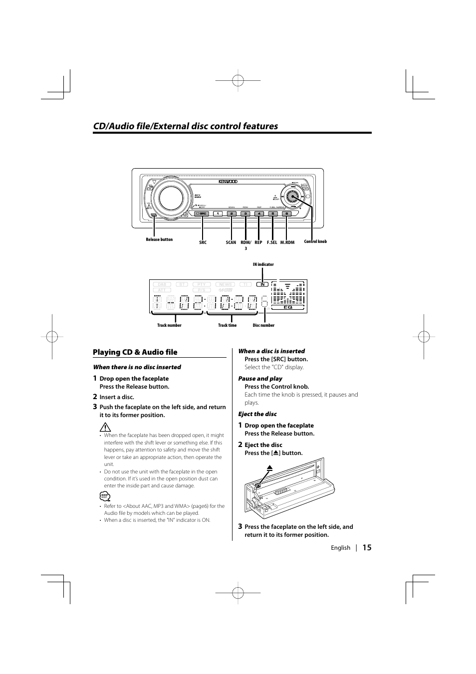 Cd/audio file/external disc control features, Playing cd & audio file | Kenwood KDC-MP6029 User Manual | Page 15 / 34