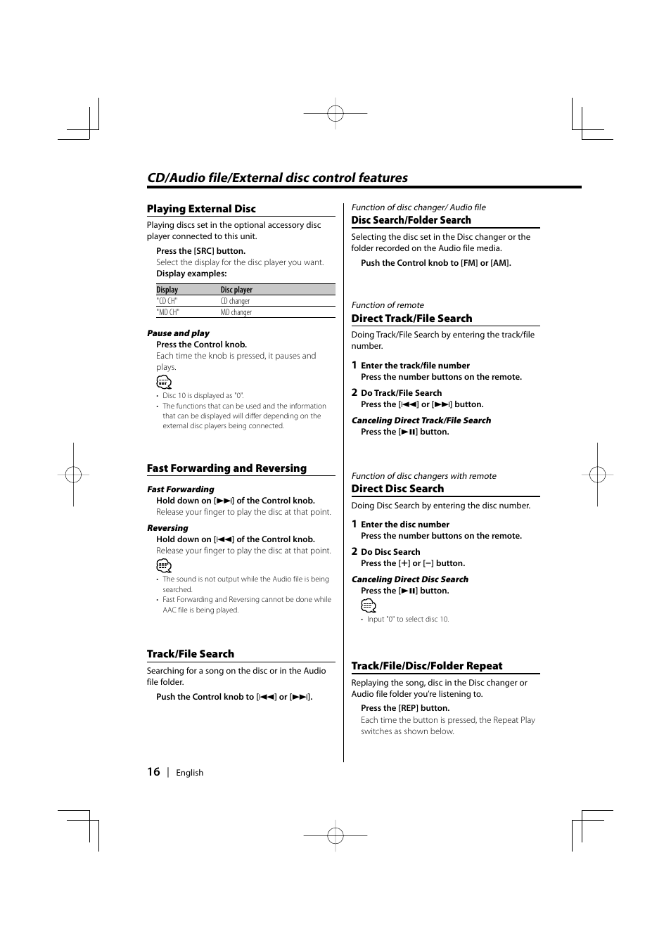 Cd/audio file/external disc control features | Kenwood KDC-MP6029 User Manual | Page 16 / 34