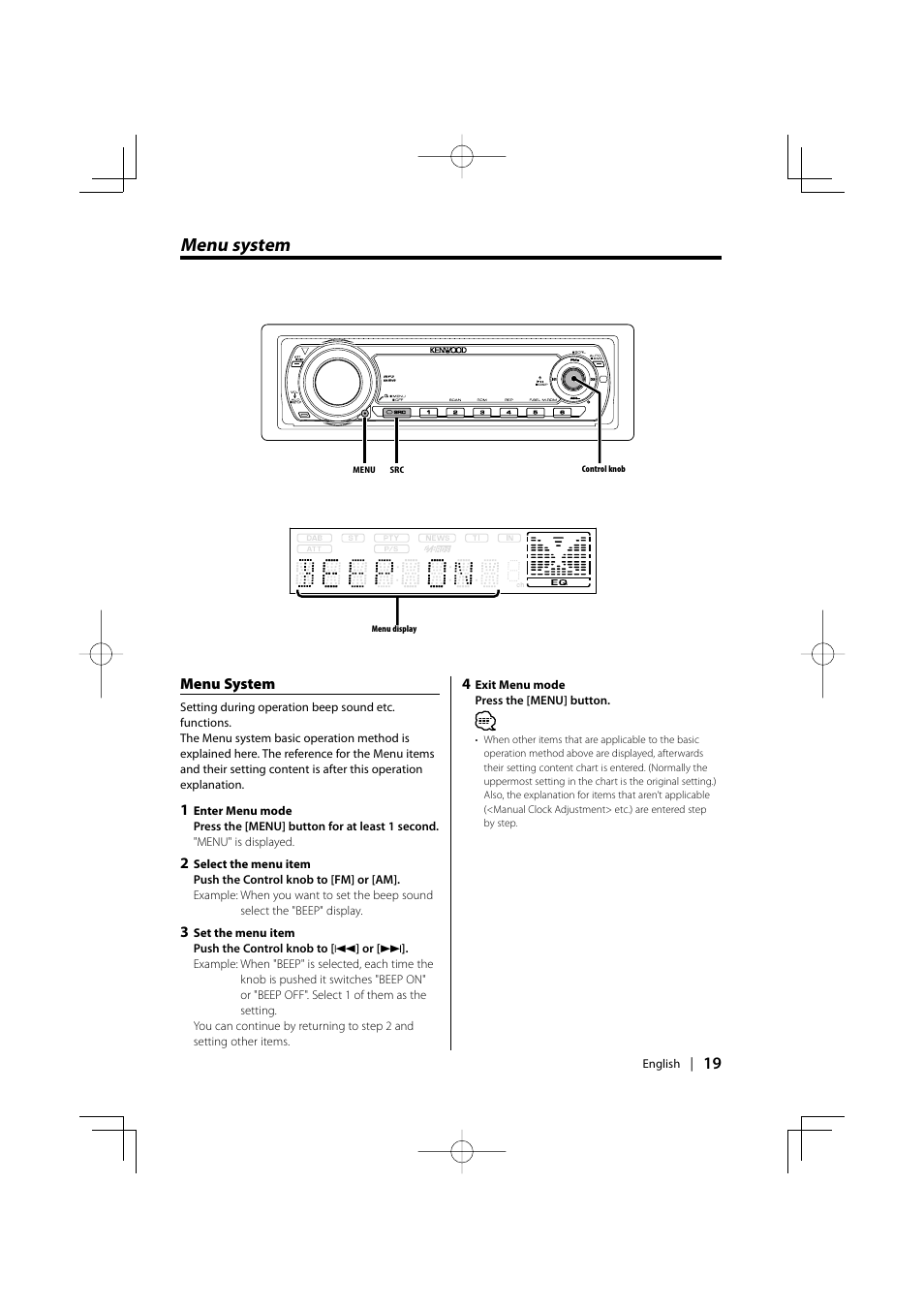 Menu system | Kenwood KDC-MP6029 User Manual | Page 19 / 34