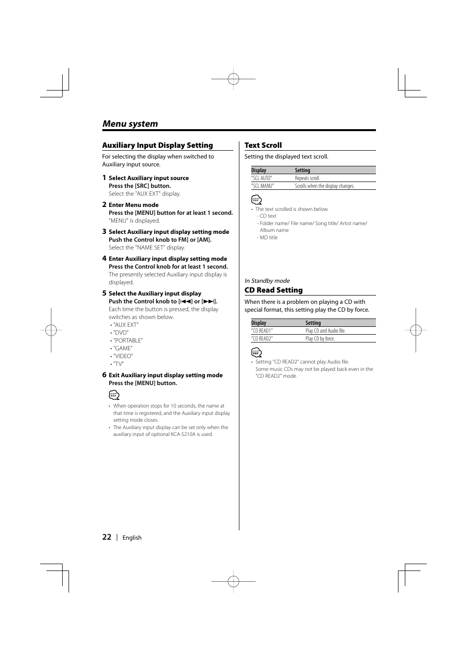 Menu system | Kenwood KDC-MP6029 User Manual | Page 22 / 34