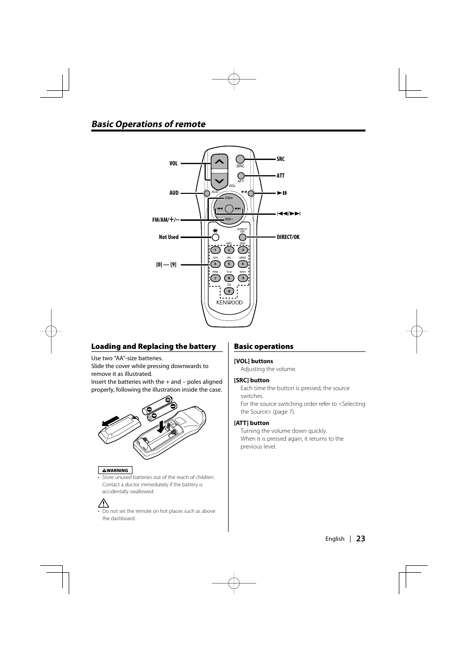 Basic operations of remote, Loading and replacing the battery, Basic operations | Kenwood KDC-MP6029 User Manual | Page 23 / 34