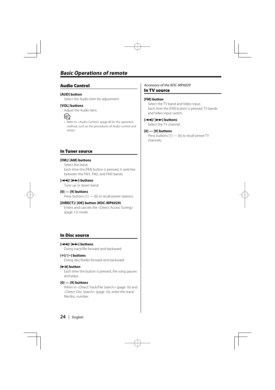 Basic operations of remote | Kenwood KDC-MP6029 User Manual | Page 24 / 34