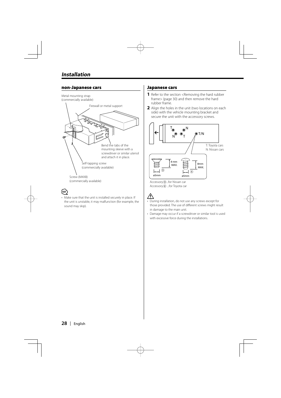 Installation, Non-japanese cars japanese cars 1 | Kenwood KDC-MP6029 User Manual | Page 28 / 34