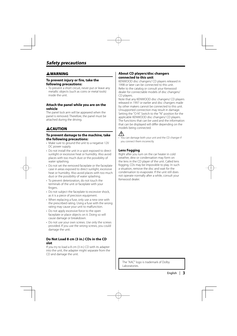 Safety precautions | Kenwood KDC-MP6029 User Manual | Page 3 / 34