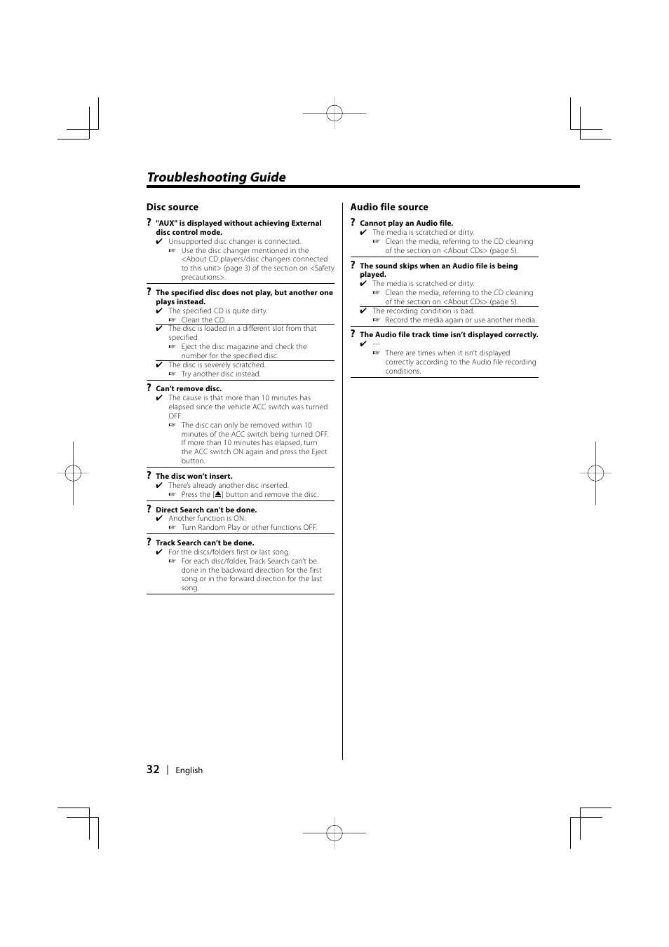 Troubleshooting guide | Kenwood KDC-MP6029 User Manual | Page 32 / 34