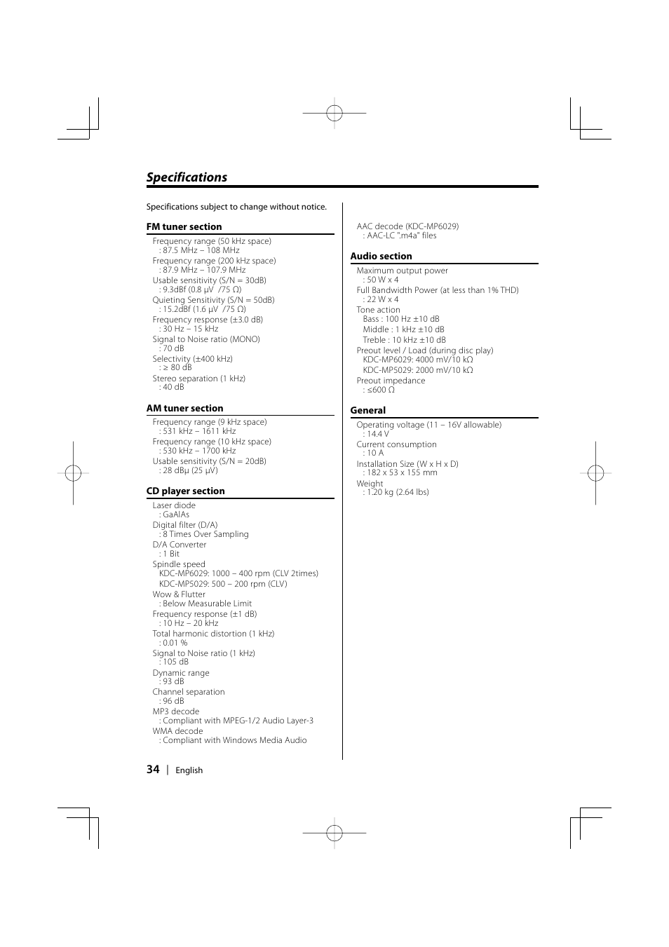 Specifications | Kenwood KDC-MP6029 User Manual | Page 34 / 34