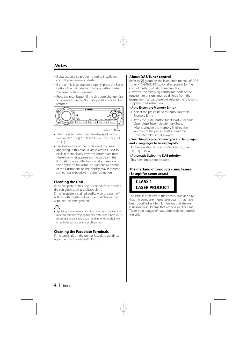 Class 1 laser product | Kenwood KDC-MP6029 User Manual | Page 4 / 34