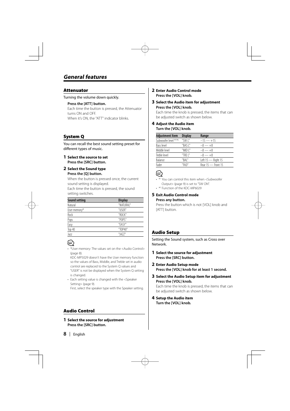 General features, Attenuator, System q | Audio control 1, Audio setup | Kenwood KDC-MP6029 User Manual | Page 8 / 34