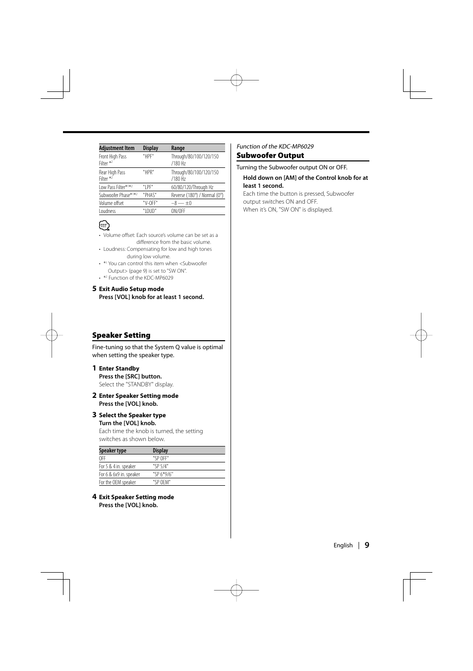 Speaker setting, Subwoofer output | Kenwood KDC-MP6029 User Manual | Page 9 / 34