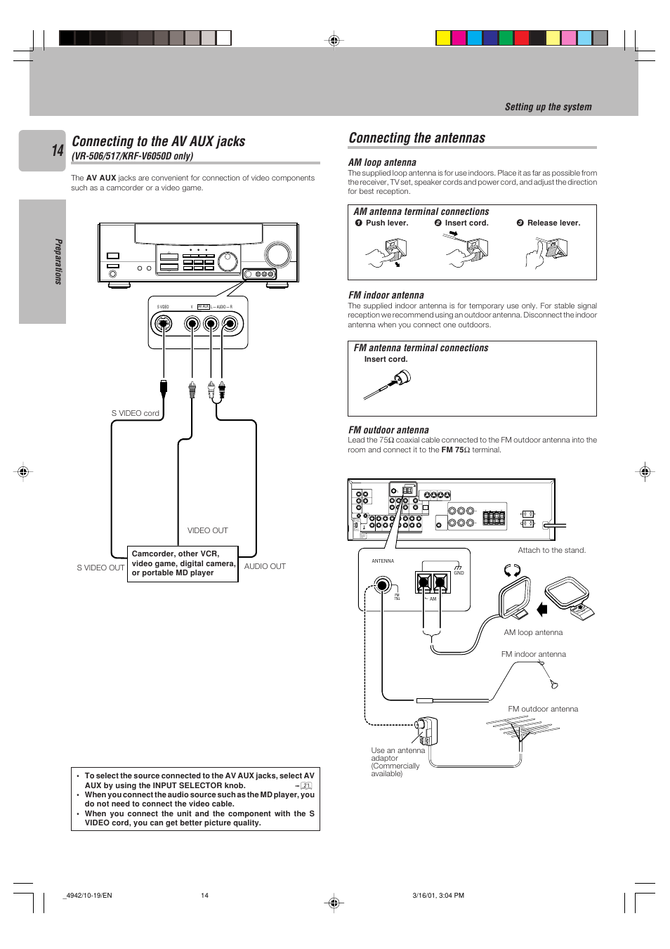Connecting the antennas, Connecting to the av aux jacks | Kenwood VR-517 User Manual | Page 14 / 44
