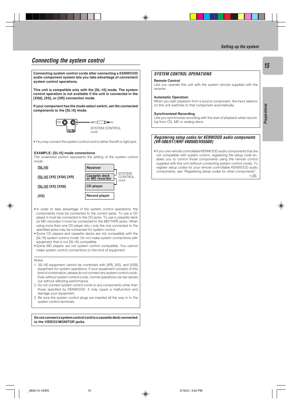 Connecting the system control | Kenwood VR-517 User Manual | Page 15 / 44