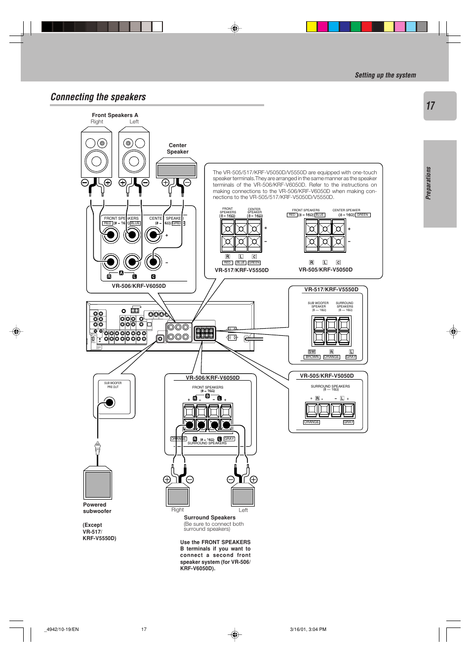 Connecting the speakers, Video 1, Play in rec out play in monitor out video 1 dvd | Setting up the system, Preparations | Kenwood VR-517 User Manual | Page 17 / 44