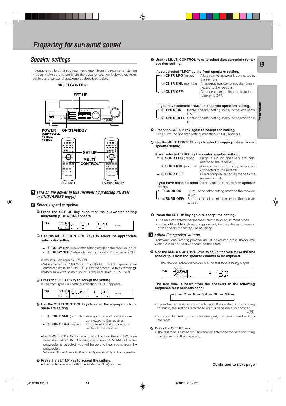 Preparing for surround sound, Speaker settings, Adjust the speaker volume | Preparations, Continued to next page, Multi control, Set up power on/standby, Set up | Kenwood VR-517 User Manual | Page 19 / 44