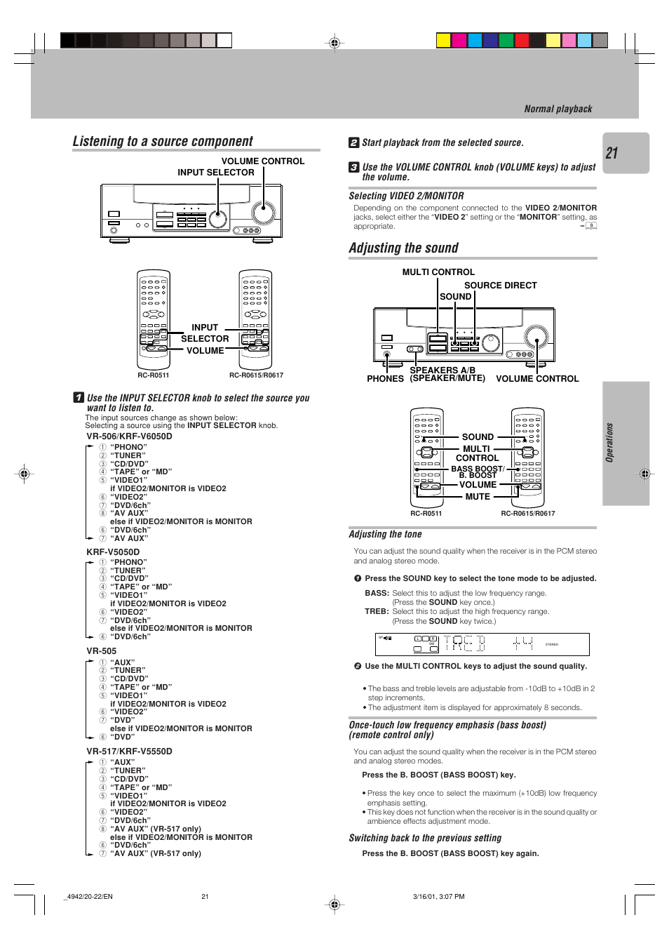 Listening to a source component, Adjusting the sound, 1listening to a source component | Normal playback, Adjusting the tone, Switching back to the previous setting | Kenwood VR-517 User Manual | Page 21 / 44