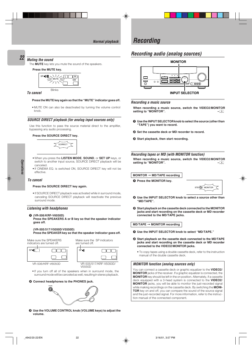 Recording, Recording audio (analog sources), Muting the sound | Recording a music source, Recording tapes or md (with monitor function), Monitor function (analog sources only), Normal playback, Listening with headphones | Kenwood VR-517 User Manual | Page 22 / 44