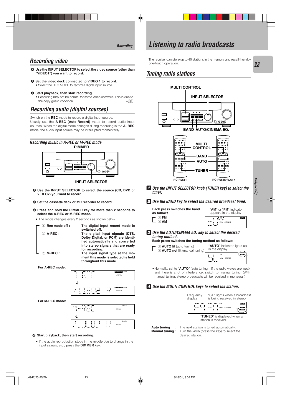 Recording video, Recording audio (digital sources), Listening to radio broadcasts | Tuning radio stations, Recording music in a-rec or m-rec mode, Operations, Recording input selector dimmer | Kenwood VR-517 User Manual | Page 23 / 44