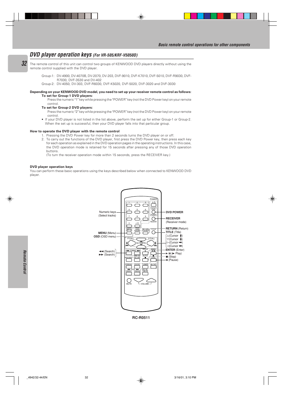 Dvd player operation keys (for vr-505/krf-v5050d), Dvd player operation keys, Remote control | Rc-r0511 | Kenwood VR-517 User Manual | Page 32 / 44