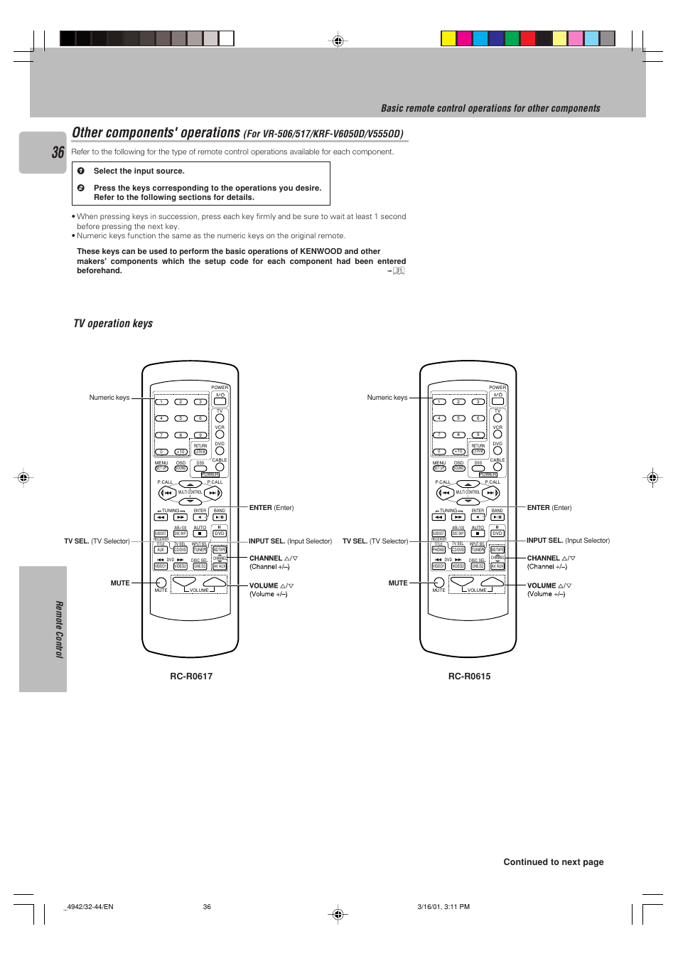 Other components' operations, Tv operation keys, Remote control | Continued to next page | Kenwood VR-517 User Manual | Page 36 / 44