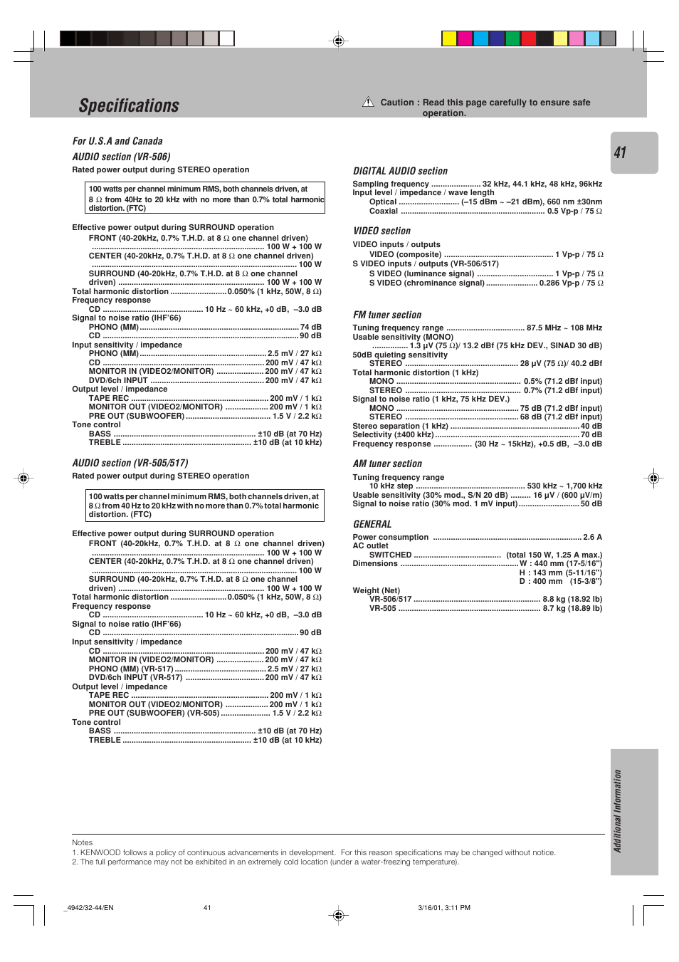 Specifications | Kenwood VR-517 User Manual | Page 41 / 44