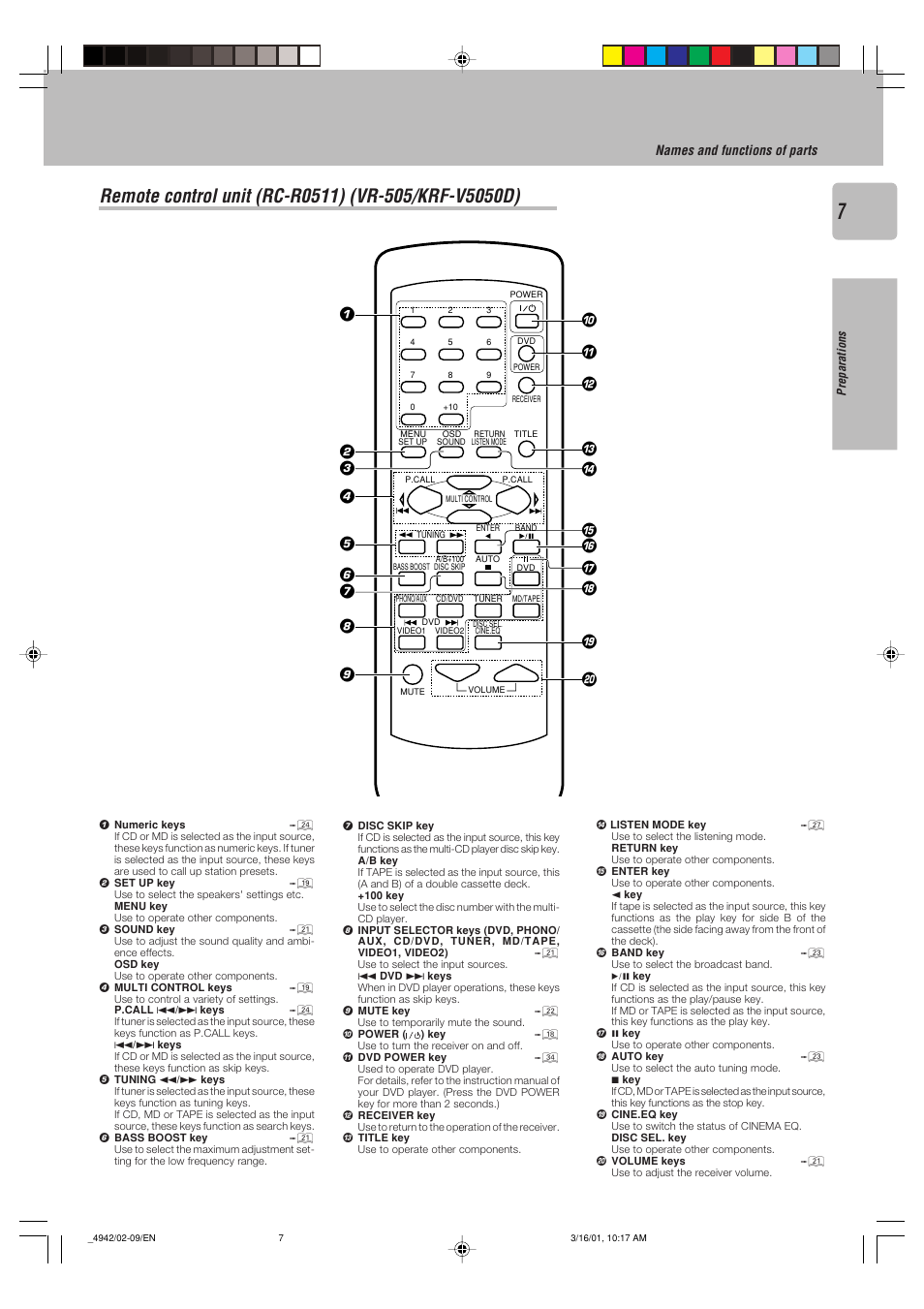 Remote control unit (rc-r0511) (vr-505/krf-v5050d) | Kenwood VR-517 User Manual | Page 7 / 44