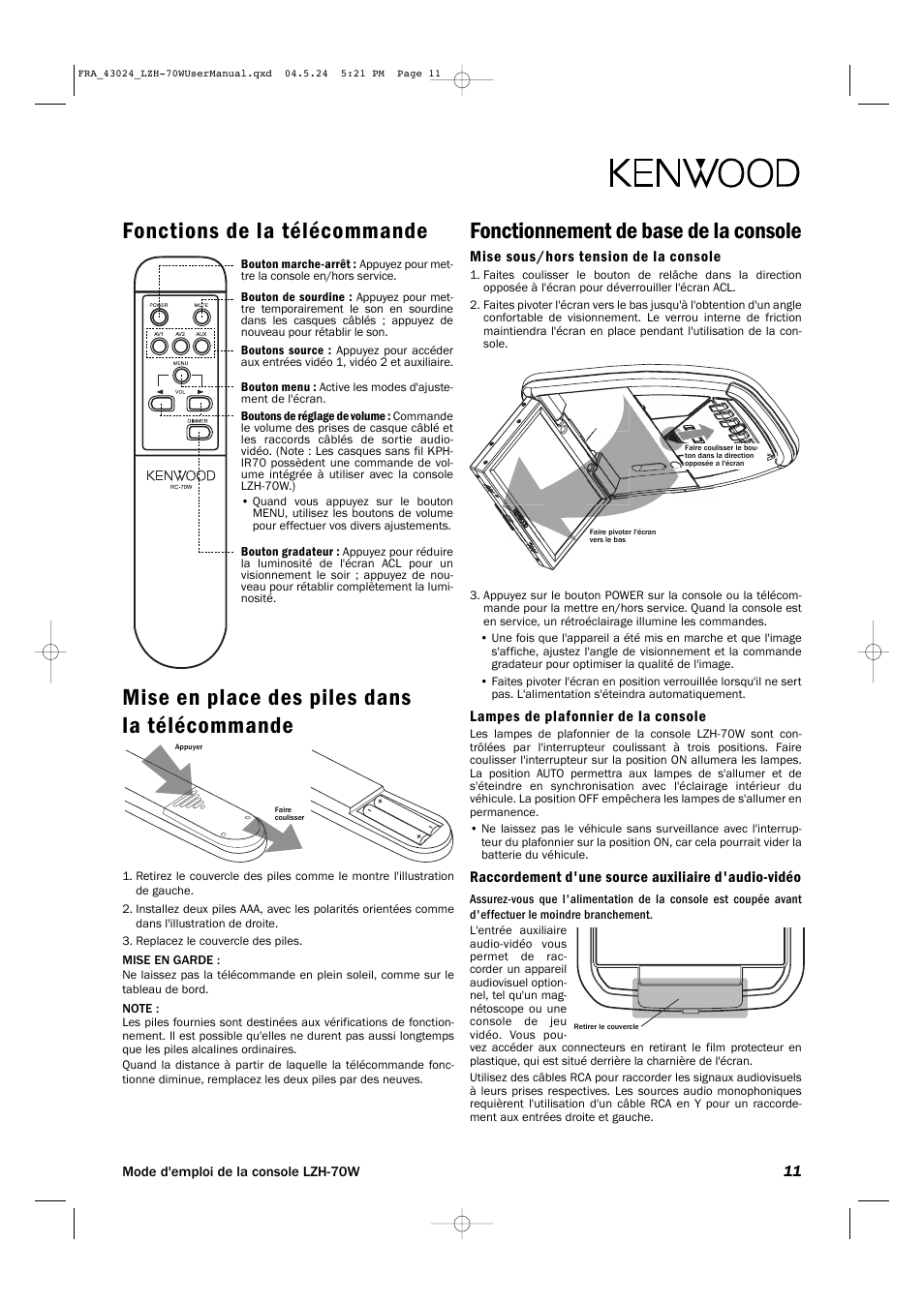 Fonctionnement de base de la console, Mise sous/hors tension de la console, Lampes de plafonnier de la console | Raccordement d'une source auxiliaire d'audio-vidéo | Kenwood LZH-70W User Manual | Page 11 / 44