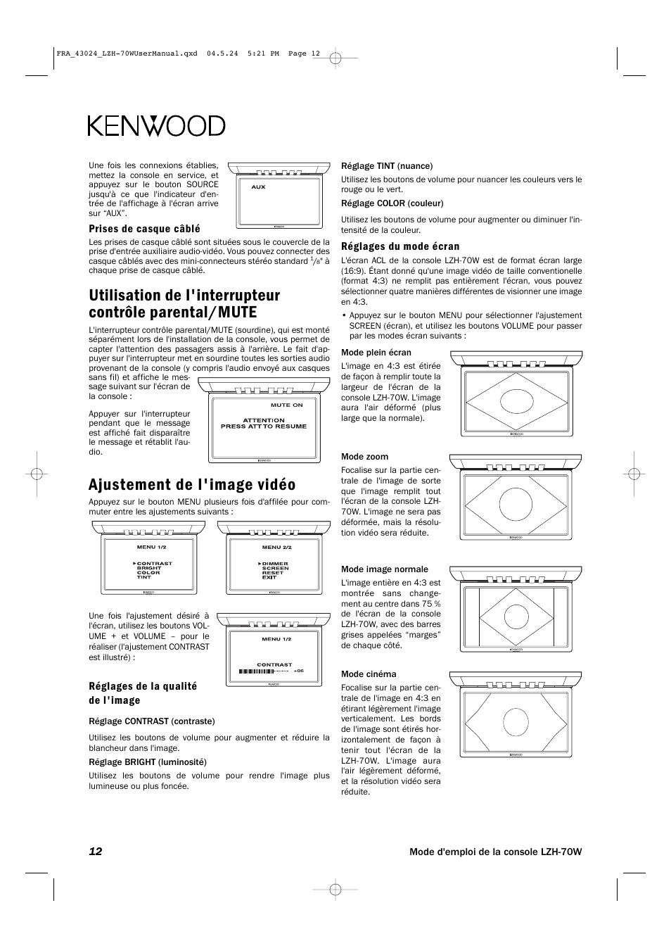 Ajustement de l'image vidéo | Kenwood LZH-70W User Manual | Page 12 / 44