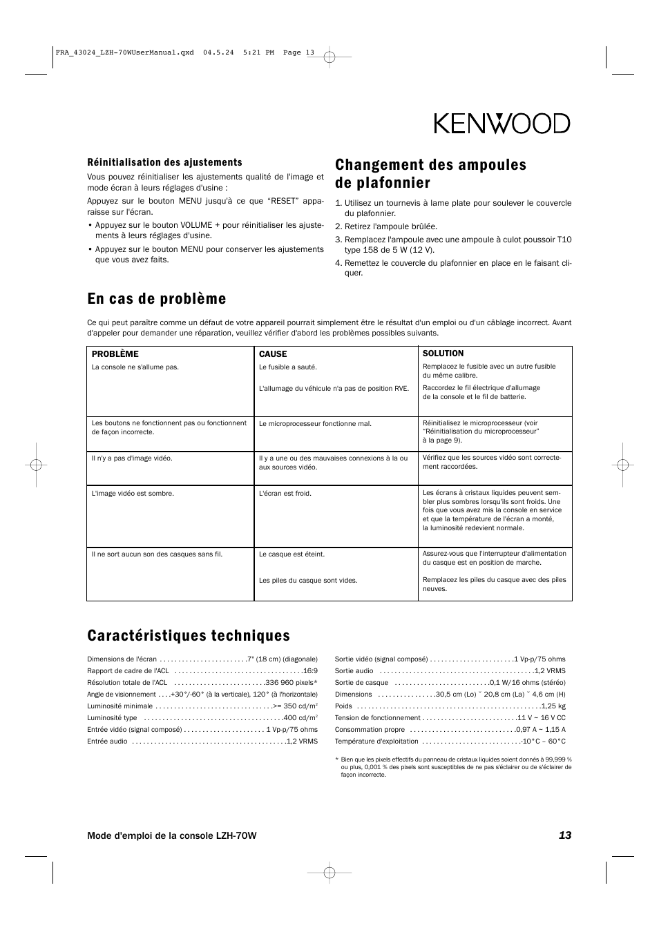 Changement des ampoules de plafonnier, Caractéristiques techniques, En cas de problème | Réinitialisation des ajustements | Kenwood LZH-70W User Manual | Page 13 / 44