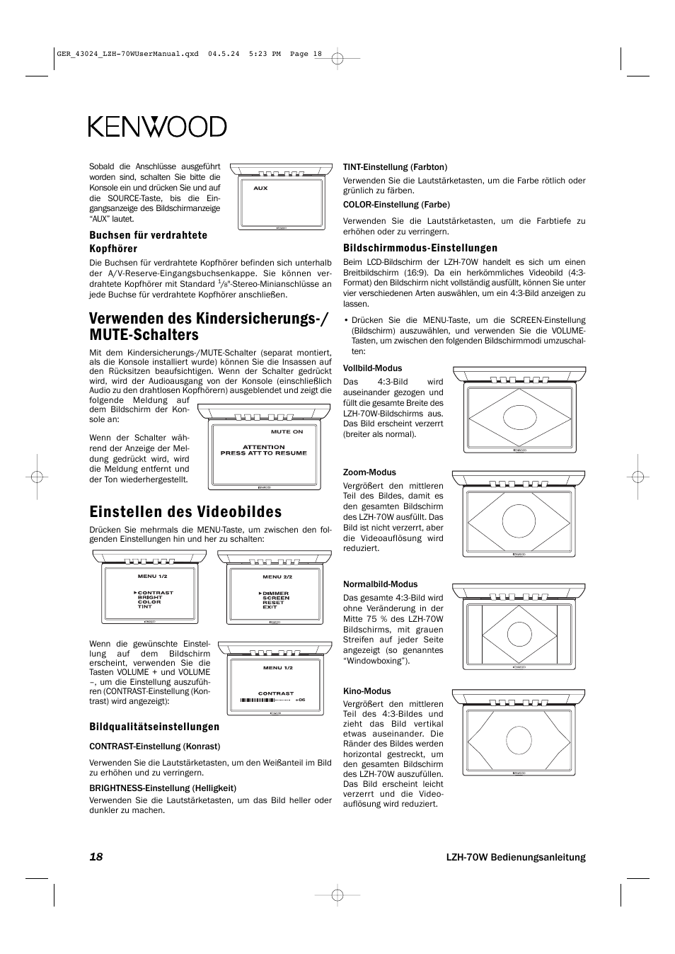 Verwenden des kindersicherungs-/ mute-schalters, Einstellen des videobildes | Kenwood LZH-70W User Manual | Page 18 / 44