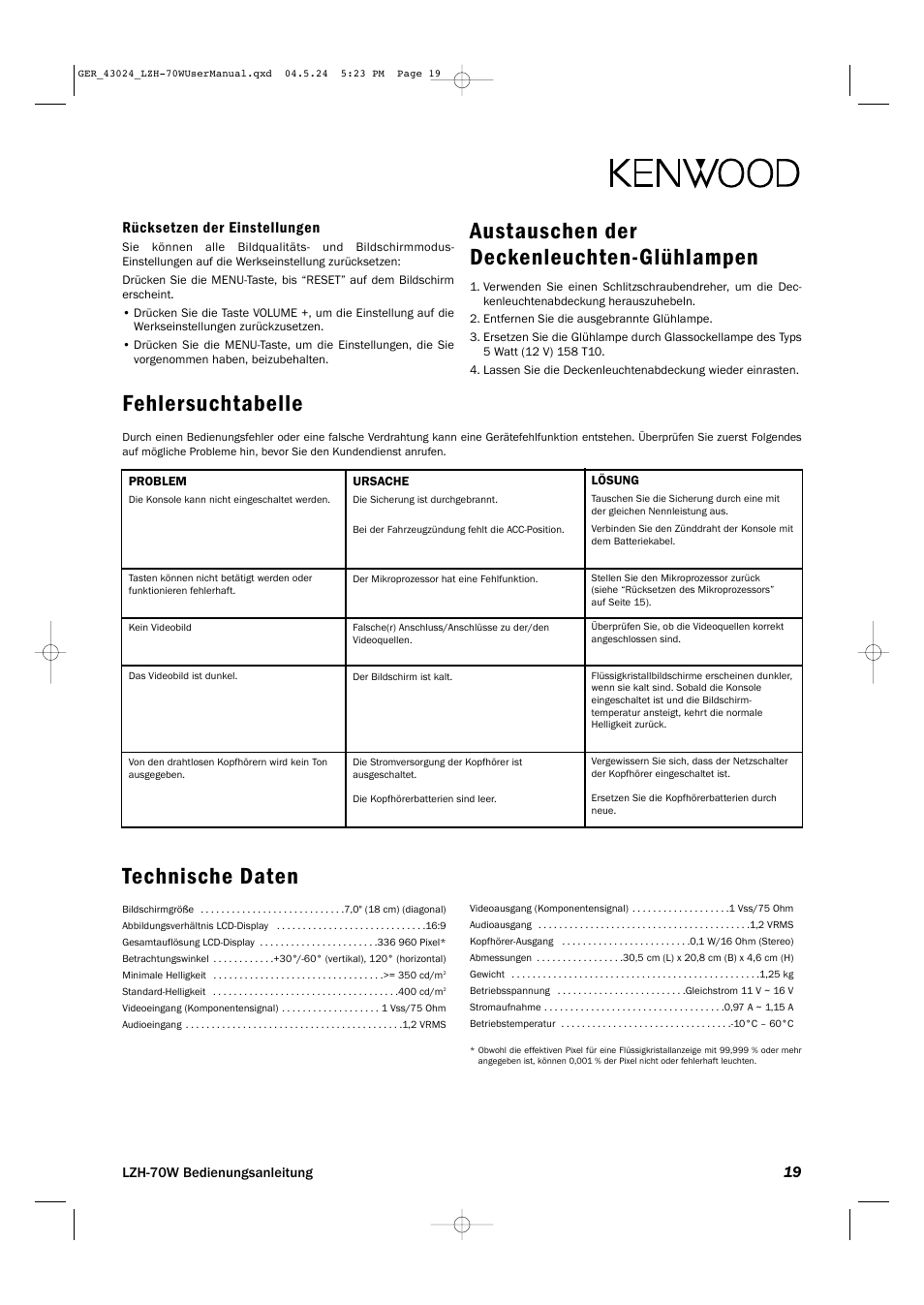 Austauschen der deckenleuchten-glühlampen, Technische daten, Fehlersuchtabelle | Rücksetzen der einstellungen | Kenwood LZH-70W User Manual | Page 19 / 44