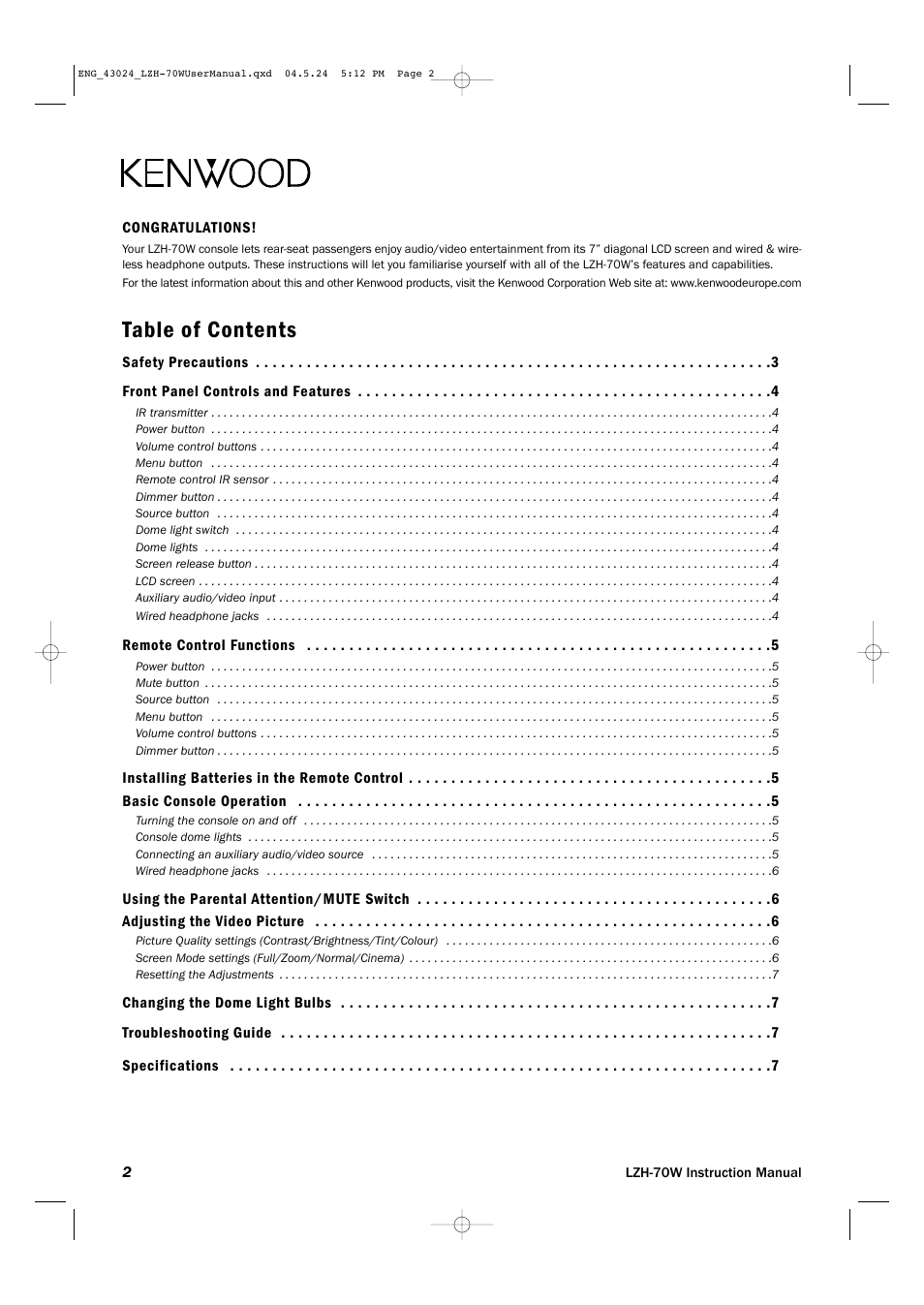 Kenwood LZH-70W User Manual | Page 2 / 44