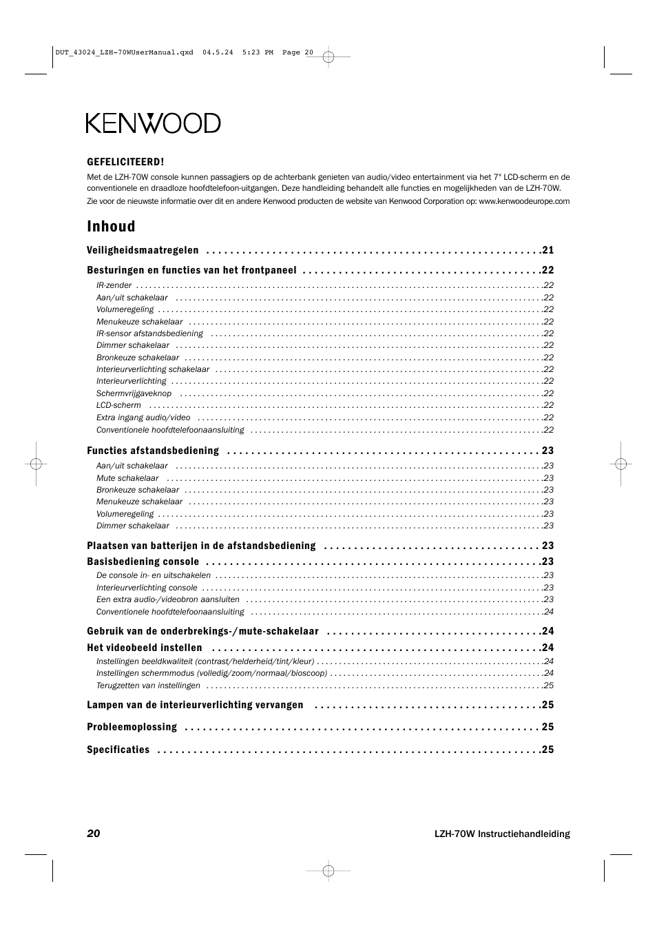 Dutch, Inhoud | Kenwood LZH-70W User Manual | Page 20 / 44