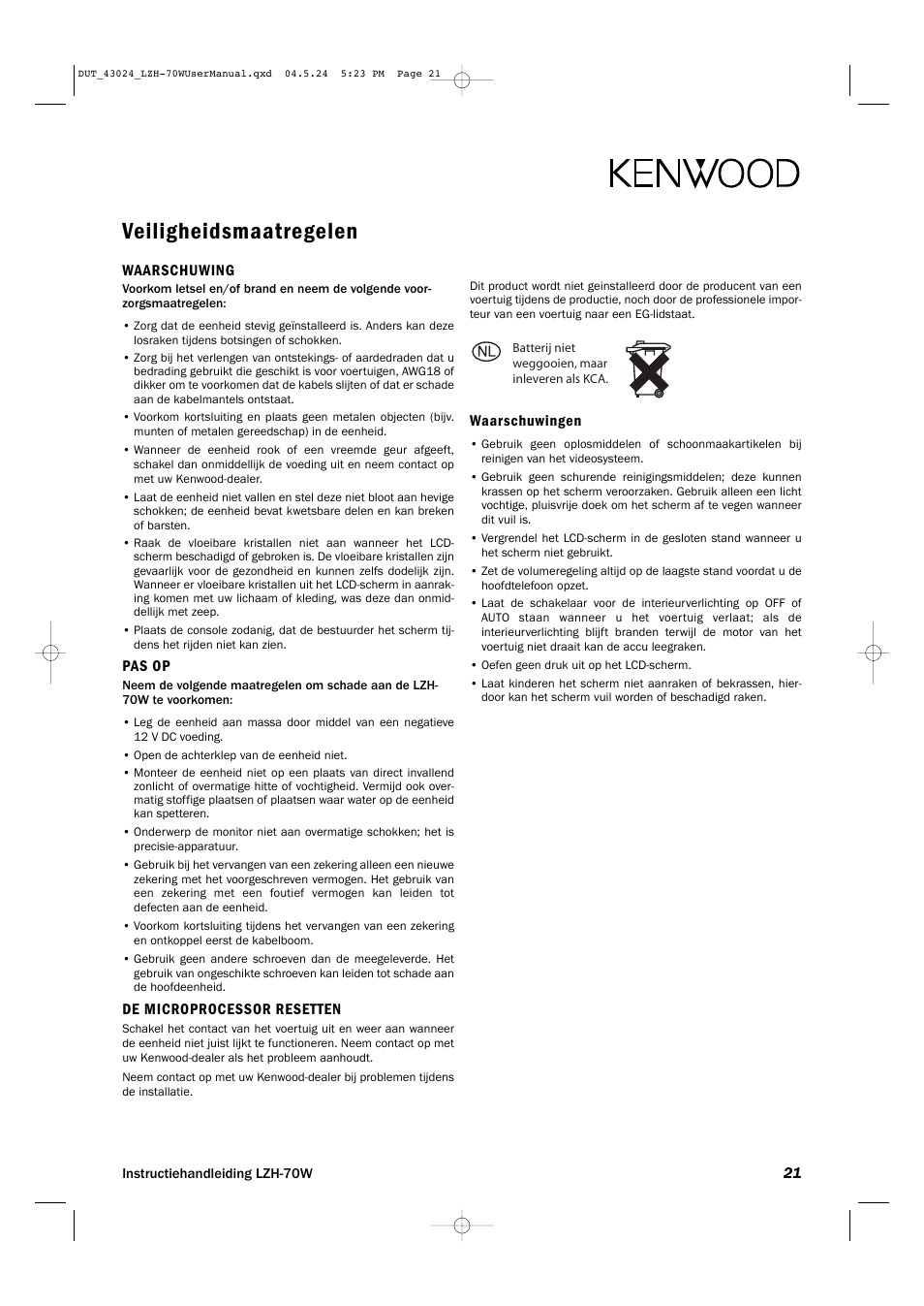 Veiligheidsmaatregelen | Kenwood LZH-70W User Manual | Page 21 / 44