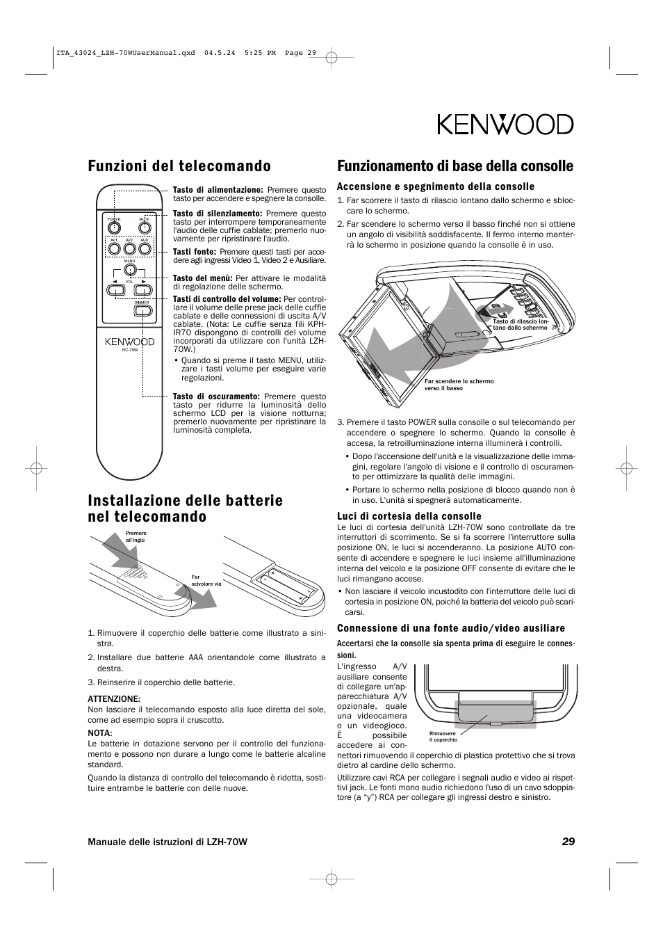 Funzionamento di base della consolle, Accensione e spegnimento della consolle, Luci di cortesia della consolle | Connessione di una fonte audio/video ausiliare | Kenwood LZH-70W User Manual | Page 29 / 44