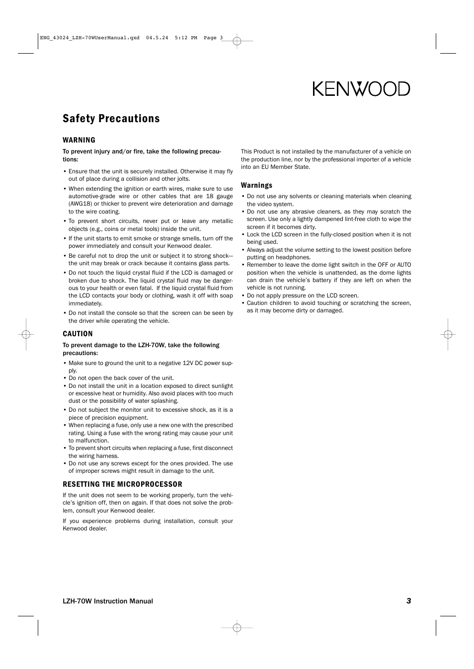 Safety precautions | Kenwood LZH-70W User Manual | Page 3 / 44